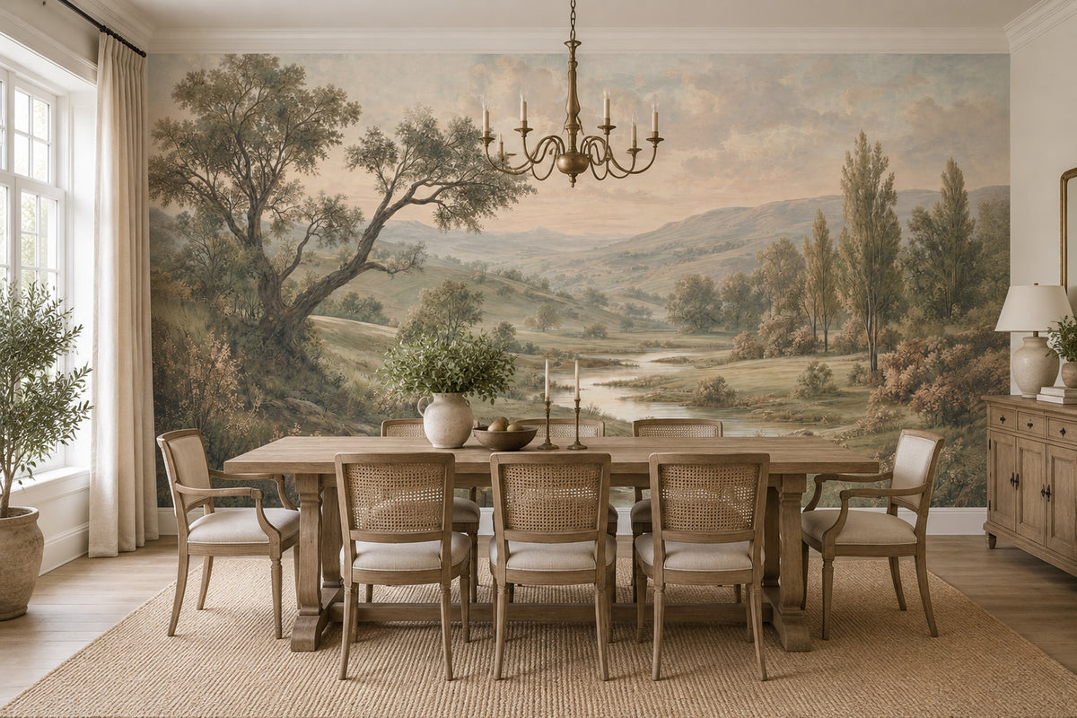Pastoral River Landscape Wallpaper Vintage Countryside Wall Mural