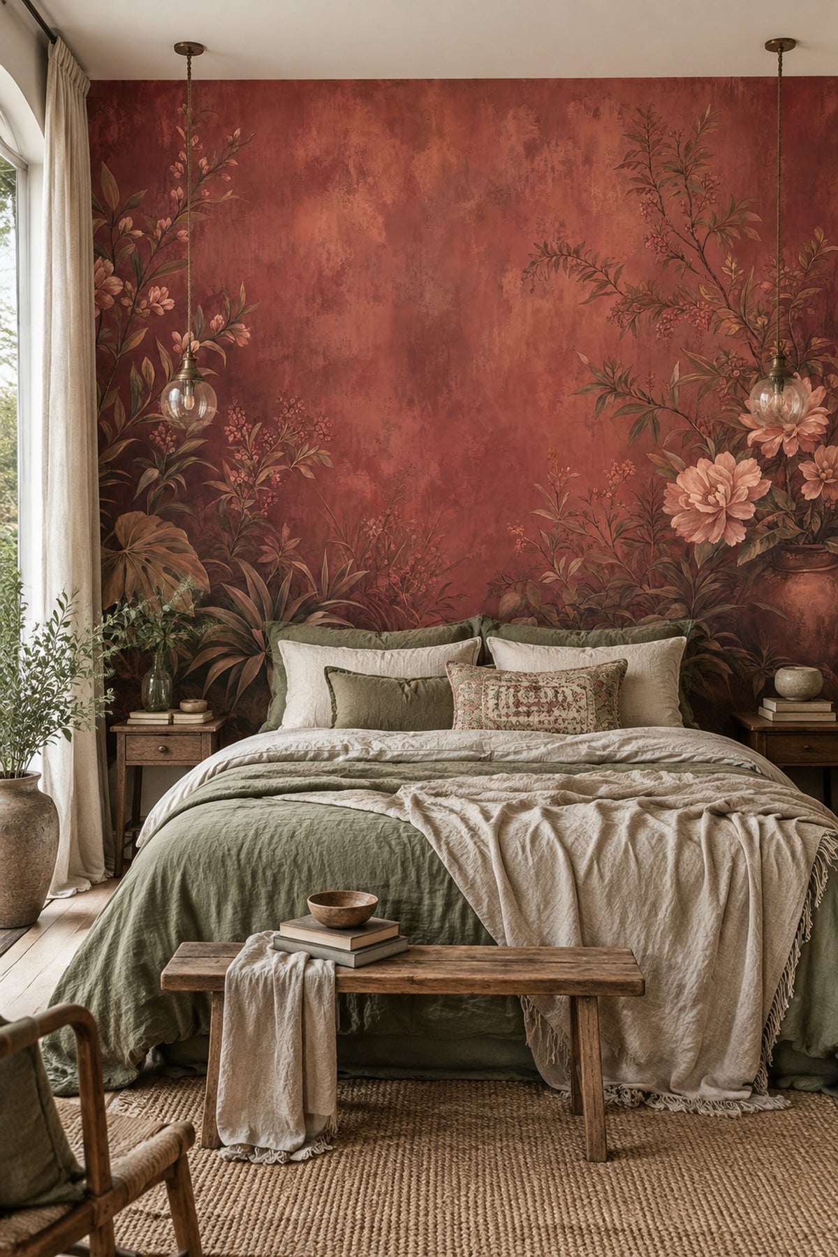 Vintage Floral Branches Wallpaper Terracotta Garden Wall Mural