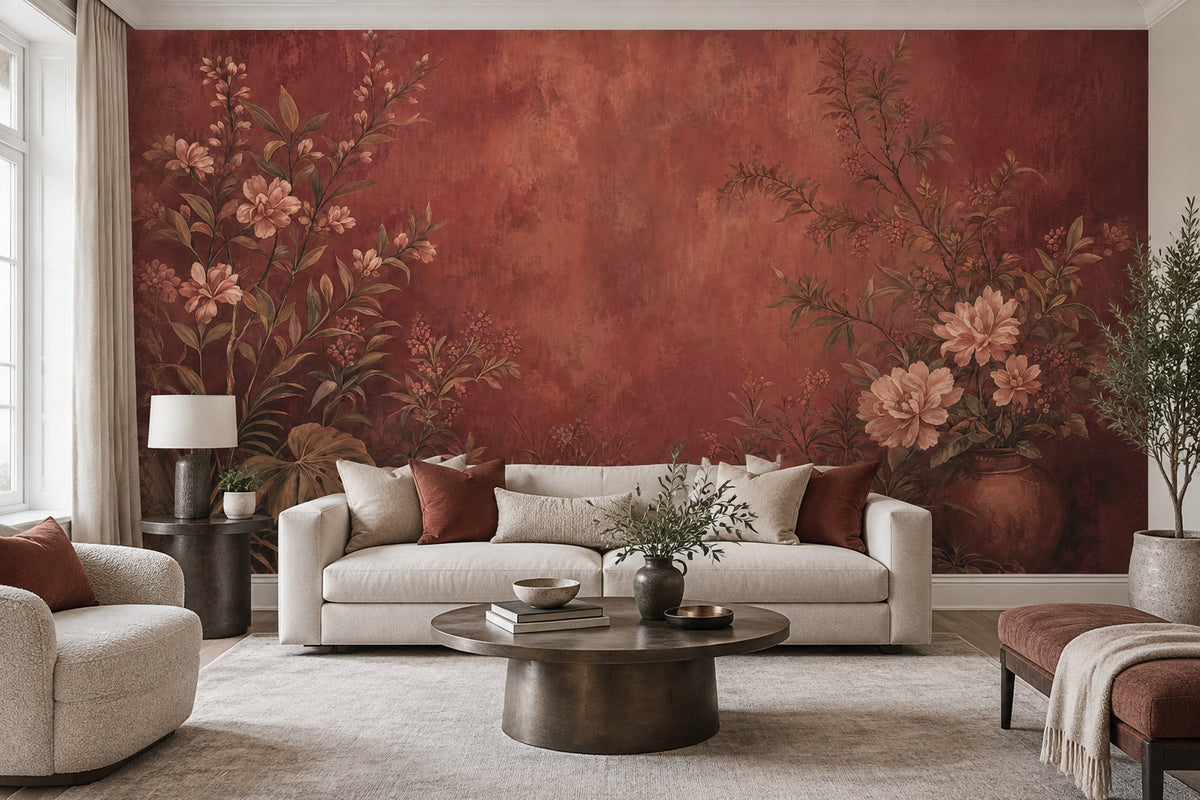 Vintage Floral Branches Wallpaper Terracotta Garden Wall Mural