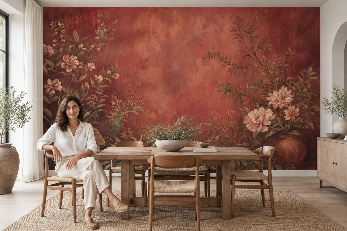 Vintage Floral Branches Wallpaper Terracotta Garden Wall Mural