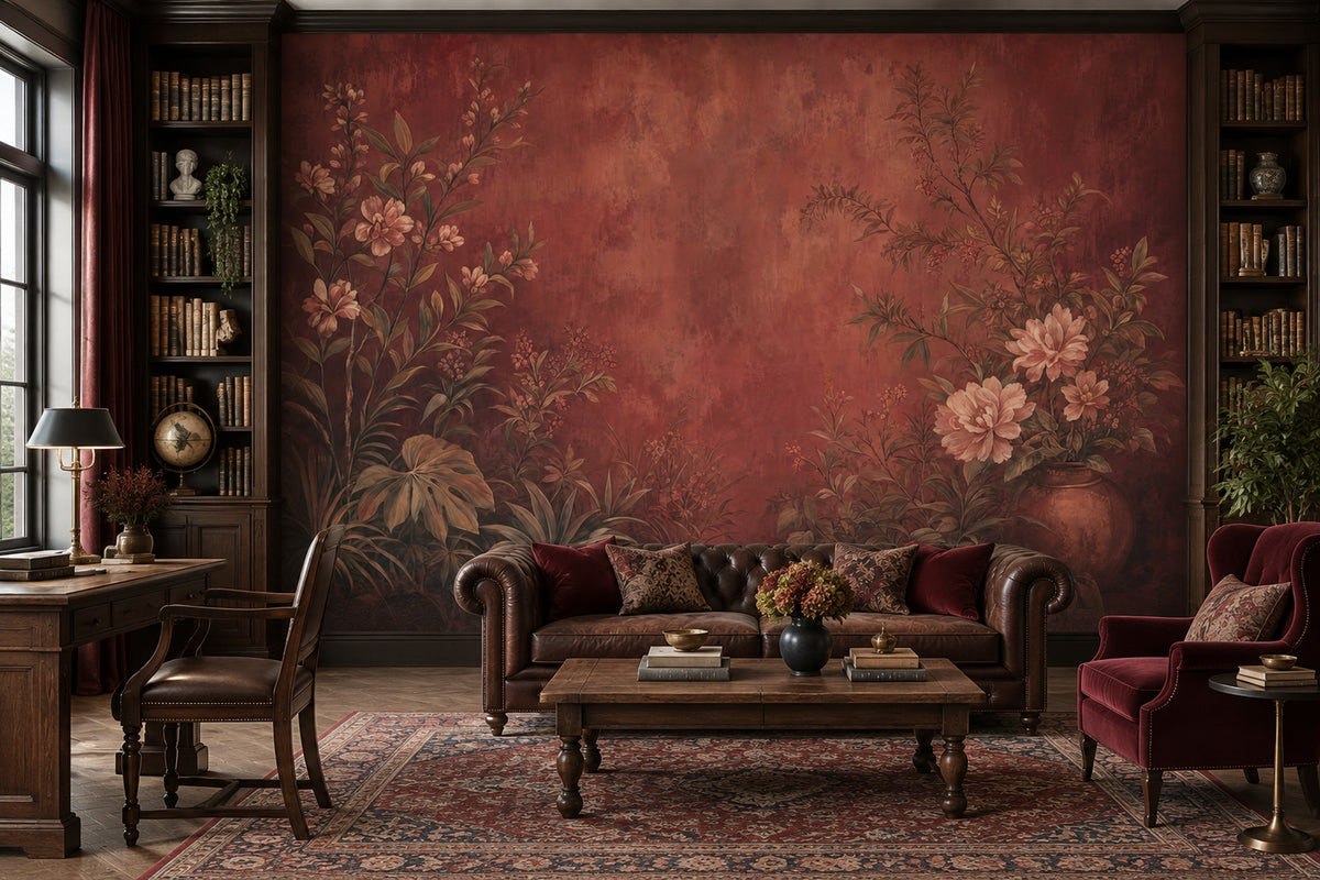 Vintage Floral Branches Wallpaper Terracotta Garden Wall Mural