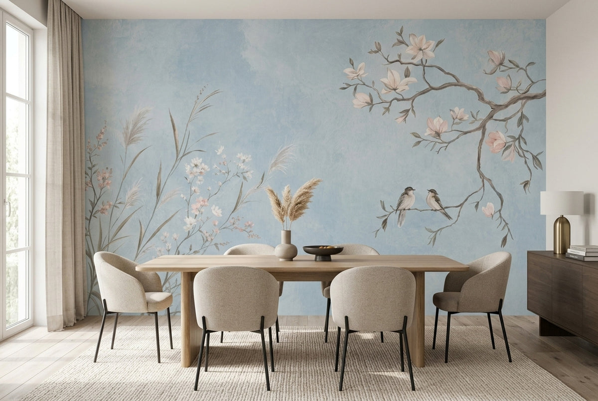 Magnolia Birds Wallpaper Pale Blue Chinoiserie Wall Mural