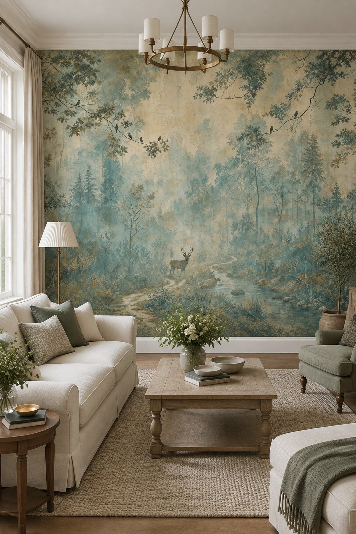 Misty Forest Deer Wallpaper Vintage Fresco Wall Mural