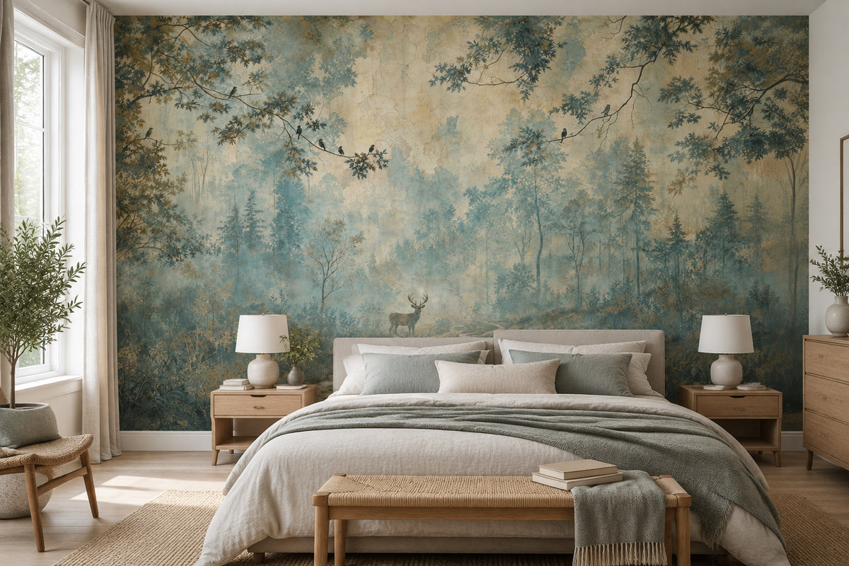 Misty Forest Deer Wallpaper Vintage Fresco Wall Mural