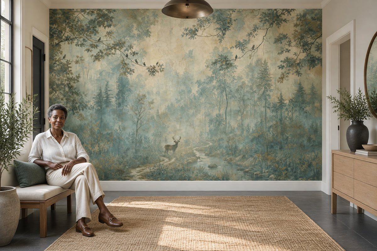 Misty Forest Deer Wallpaper Vintage Fresco Wall Mural