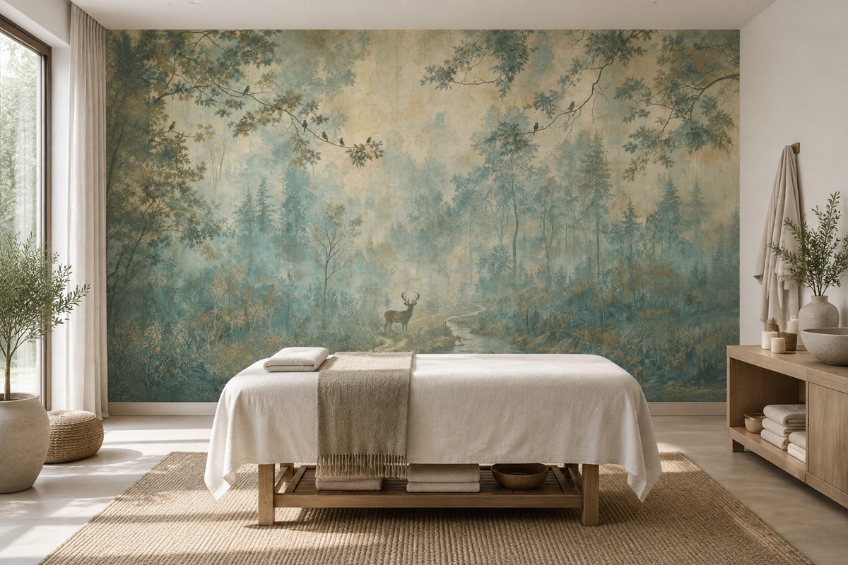 Misty Forest Deer Wallpaper Vintage Fresco Wall Mural