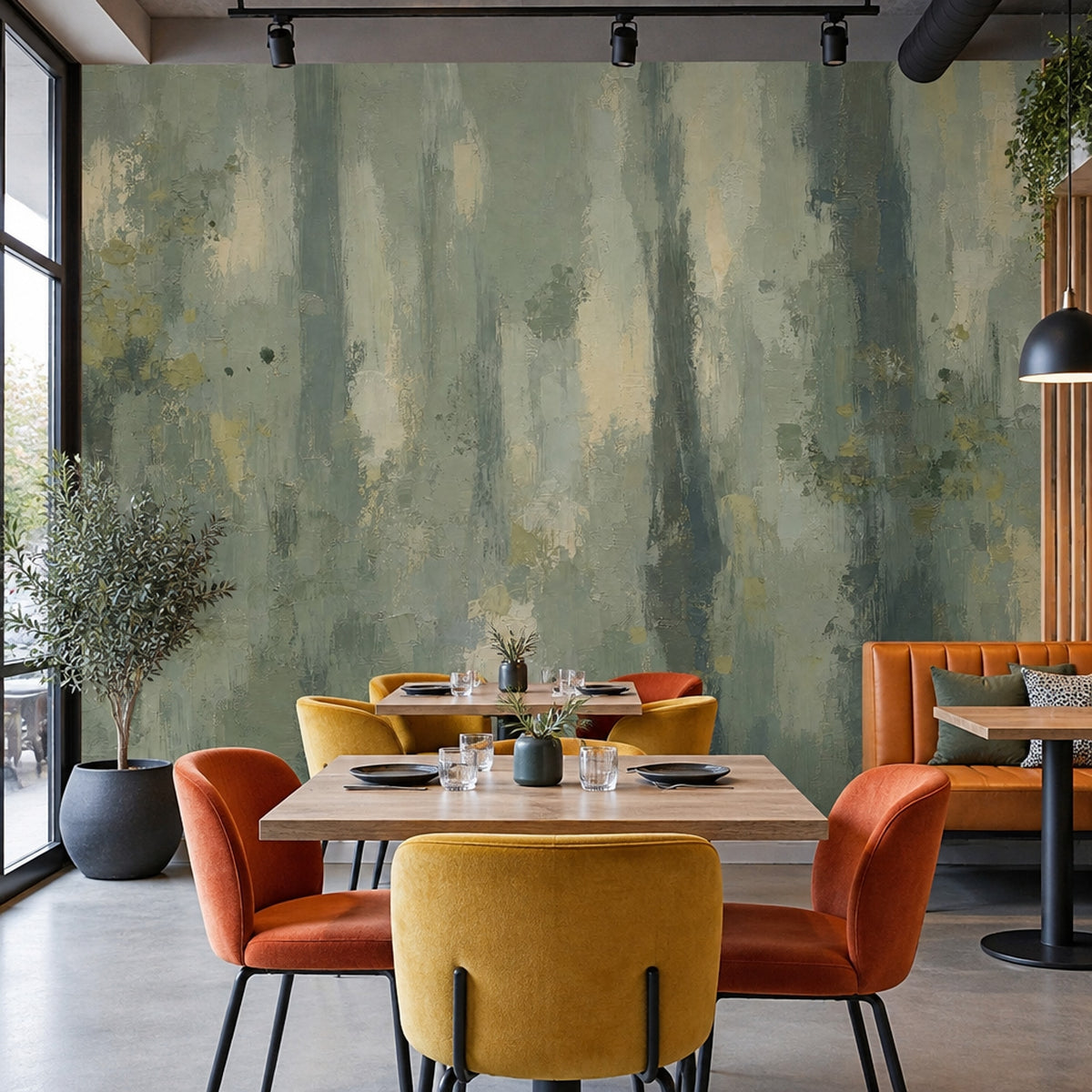Sage Green Abstract Brushstroke Wallpaper Textured Modern Wall Mural