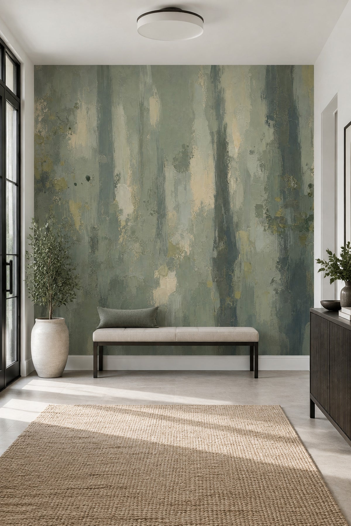 Sage Green Abstract Brushstroke Wallpaper Textured Modern Wall Mural