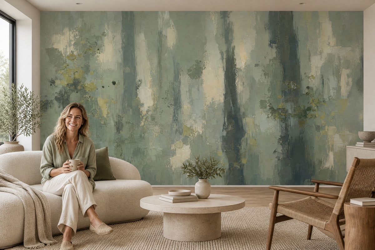 Sage Green Abstract Brushstroke Wallpaper Textured Modern Wall Mural