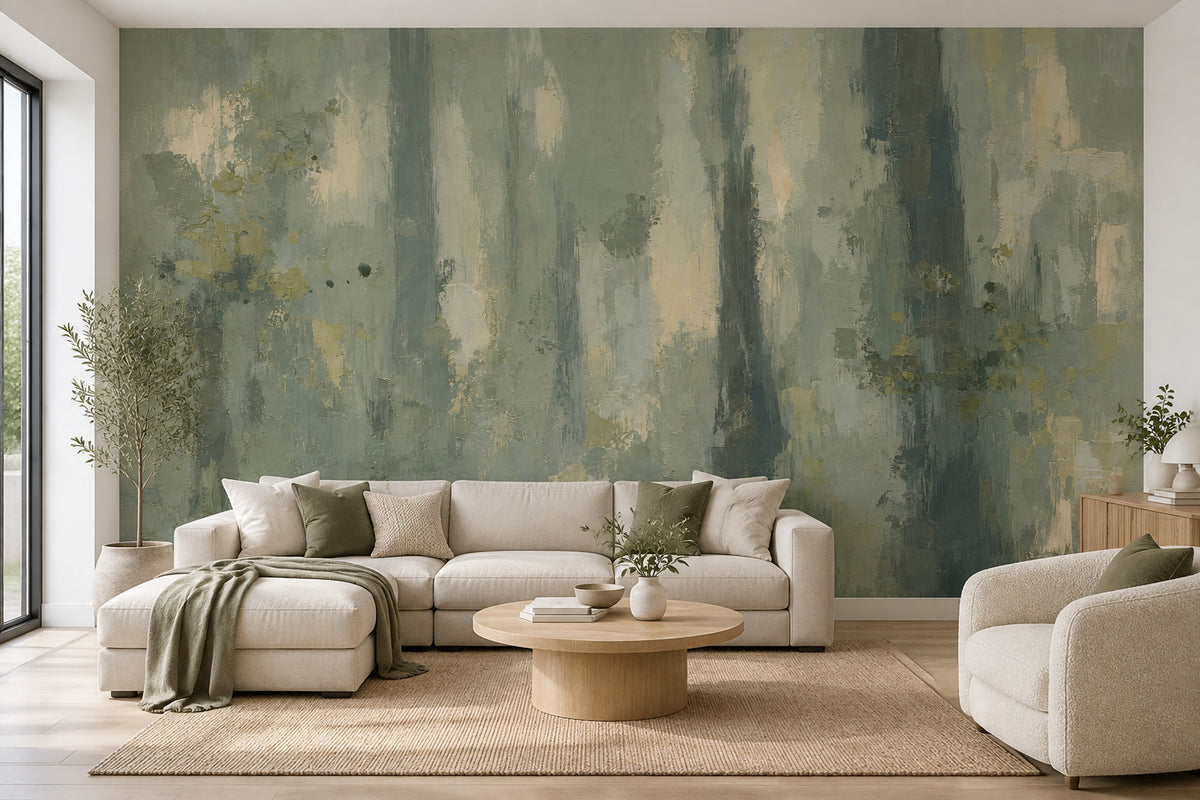 Sage Green Abstract Brushstroke Wallpaper Textured Modern Wall Mural