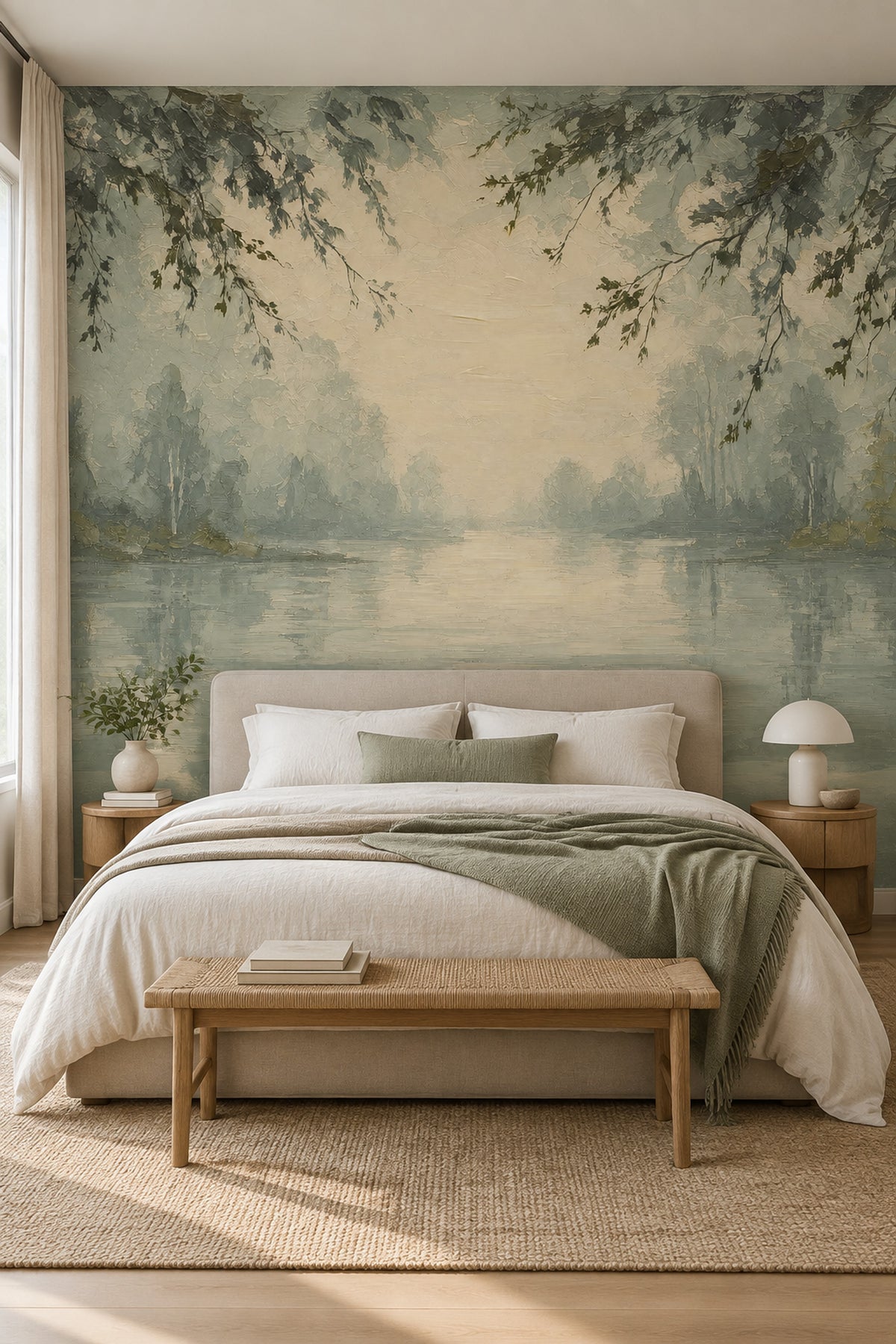 Misty Lake Landscape Wallpaper Sage Green Painterly Wall Mural