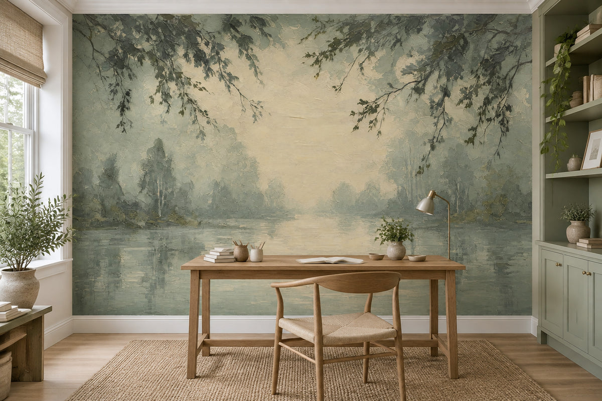 Misty Lake Landscape Wallpaper Sage Green Painterly Wall Mural