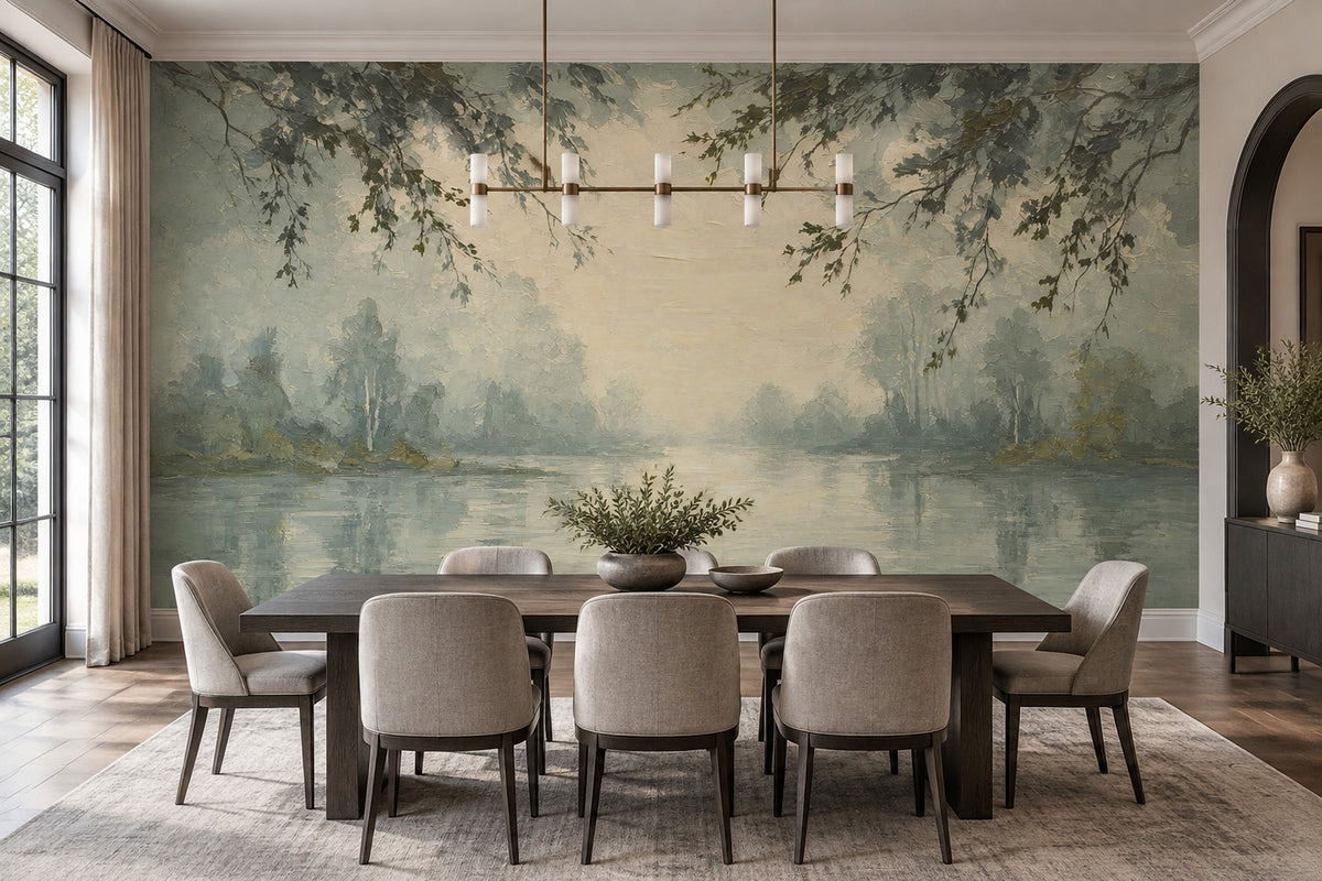 Misty Lake Landscape Wallpaper Sage Green Painterly Wall Mural
