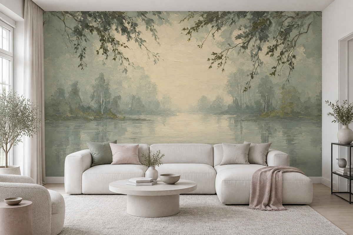 Misty Lake Landscape Wallpaper Sage Green Painterly Wall Mural