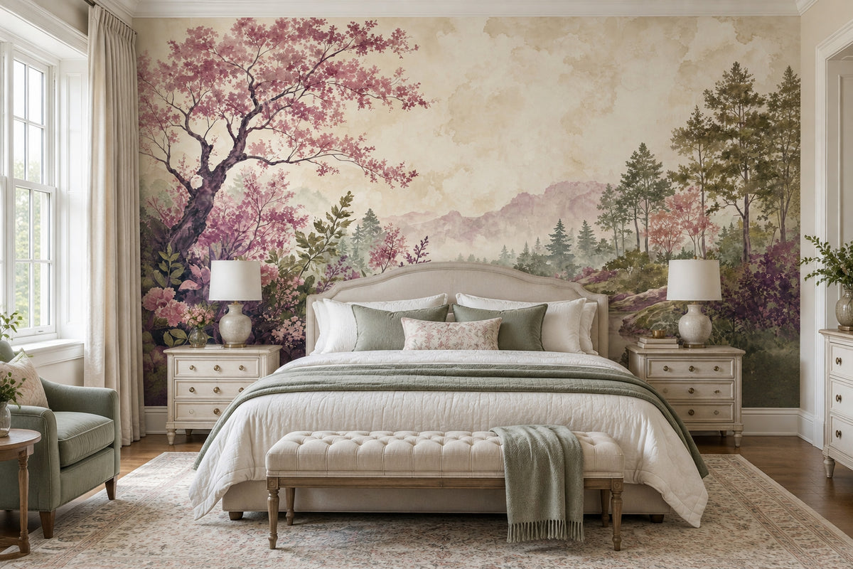 Pink Blossom Tree Wallpaper Watercolor Landscape Wall Mural