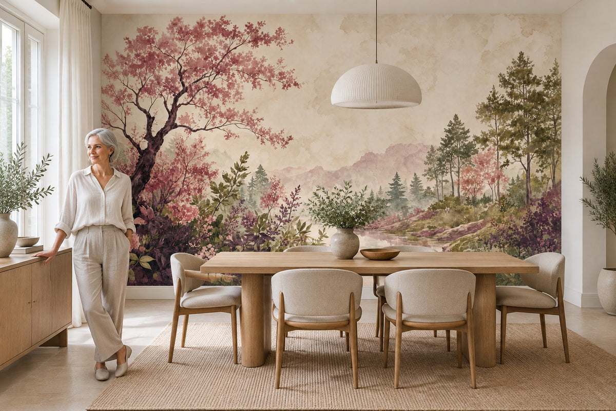 Pink Blossom Tree Wallpaper Watercolor Landscape Wall Mural
