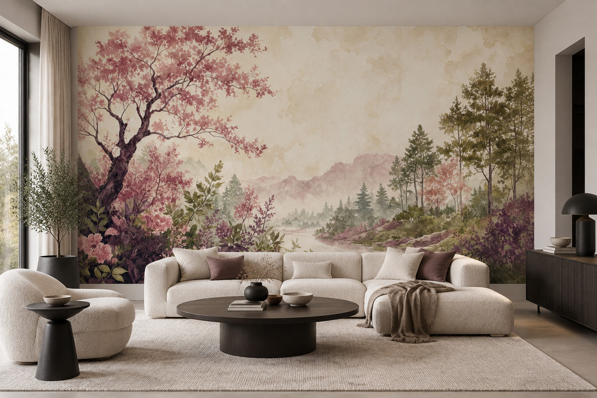 Pink Blossom Tree Wallpaper Watercolor Landscape Wall Mural