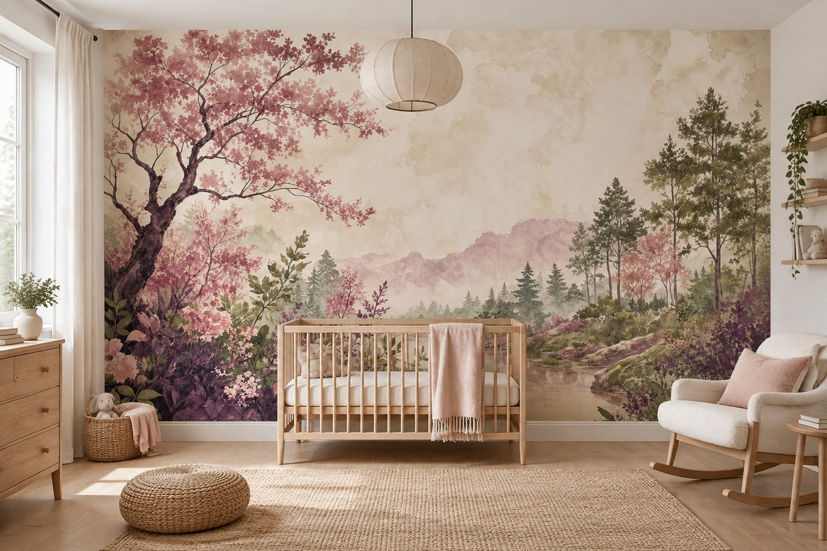 Pink Blossom Tree Wallpaper Watercolor Landscape Wall Mural
