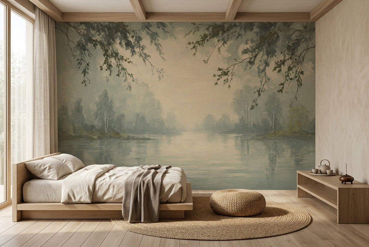 Misty Lake Landscape Wallpaper Sage Green Painterly Wall Mural