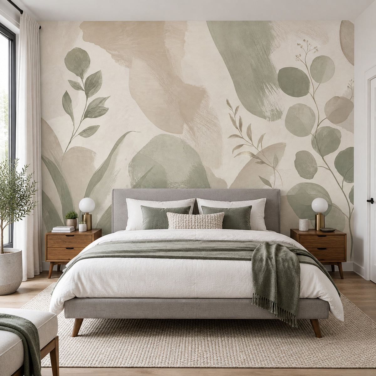 Sage Green Leaf Branches Wallpaper Watercolor Botanical Wall Mural