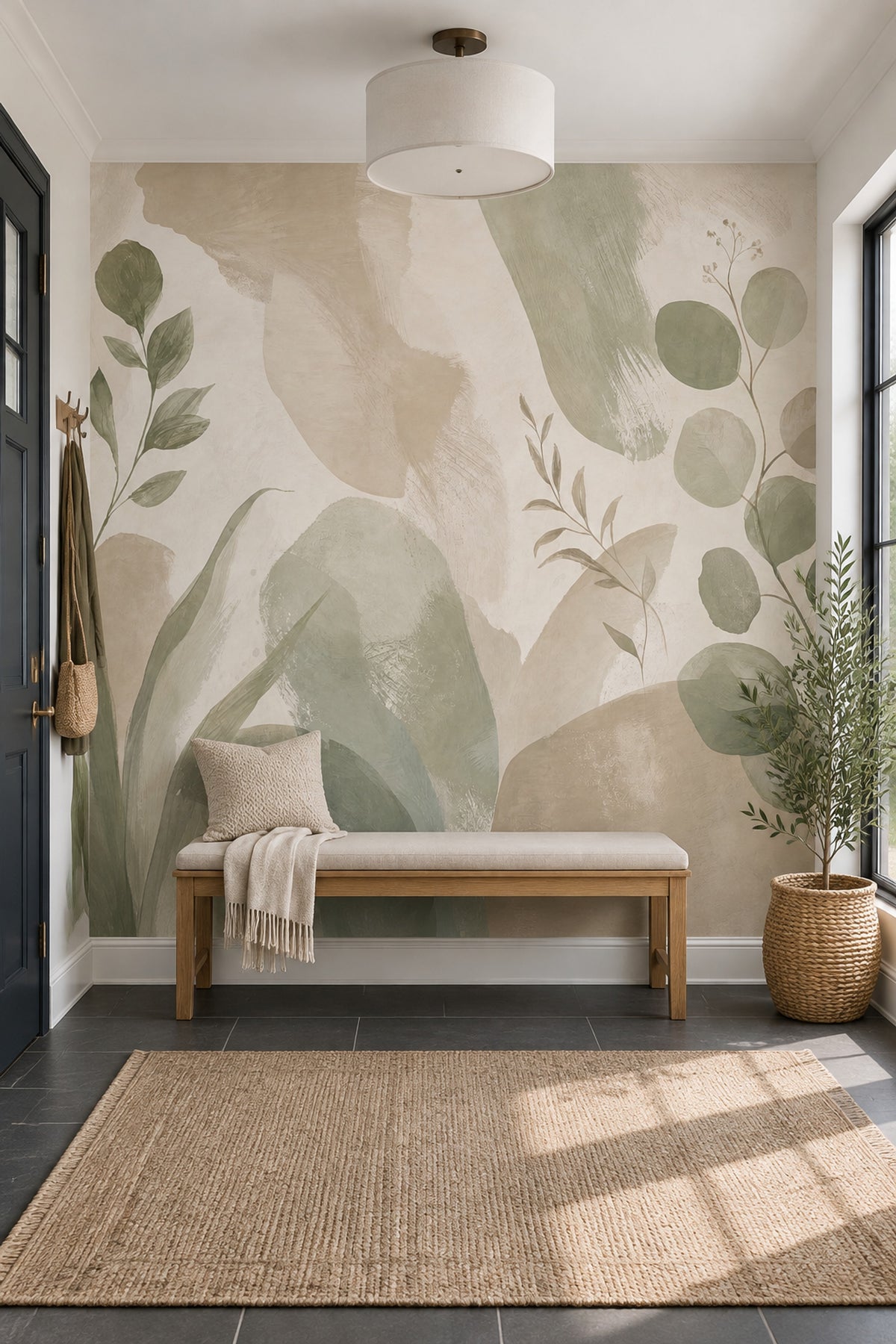 Sage Green Leaf Branches Wallpaper Watercolor Botanical Wall Mural