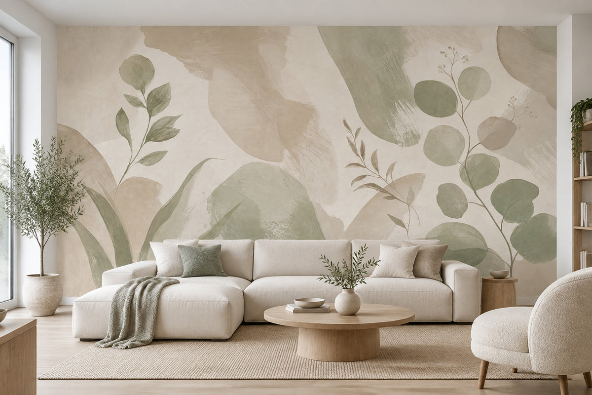 Sage Green Leaf Branches Wallpaper Watercolor Botanical Wall Mural
