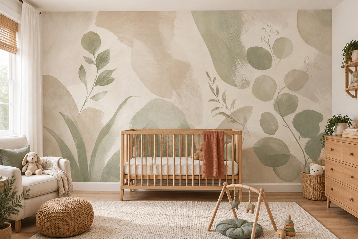 Sage Green Leaf Branches Wallpaper Watercolor Botanical Wall Mural