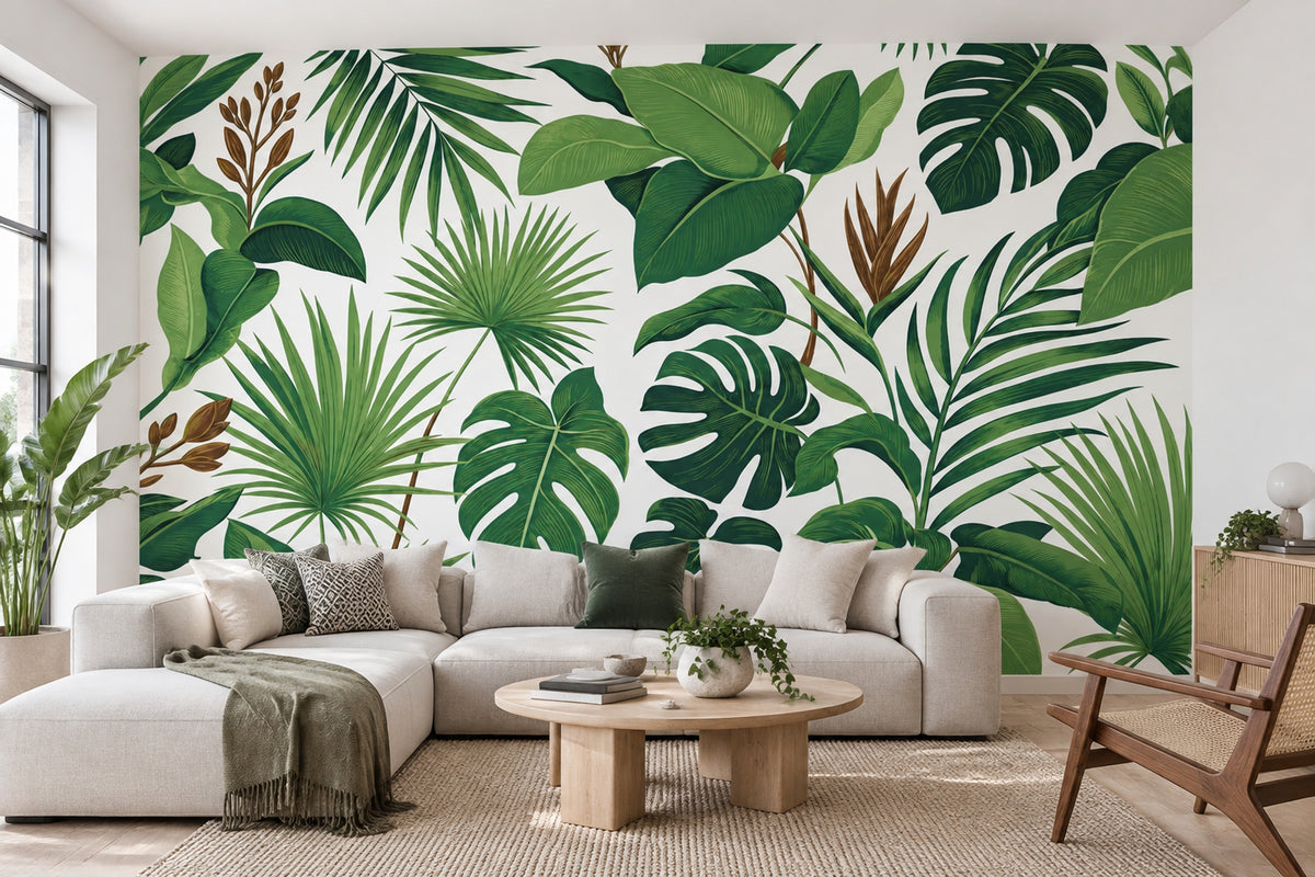 Tropical Leaves Wallpaper White Background Wall Mural