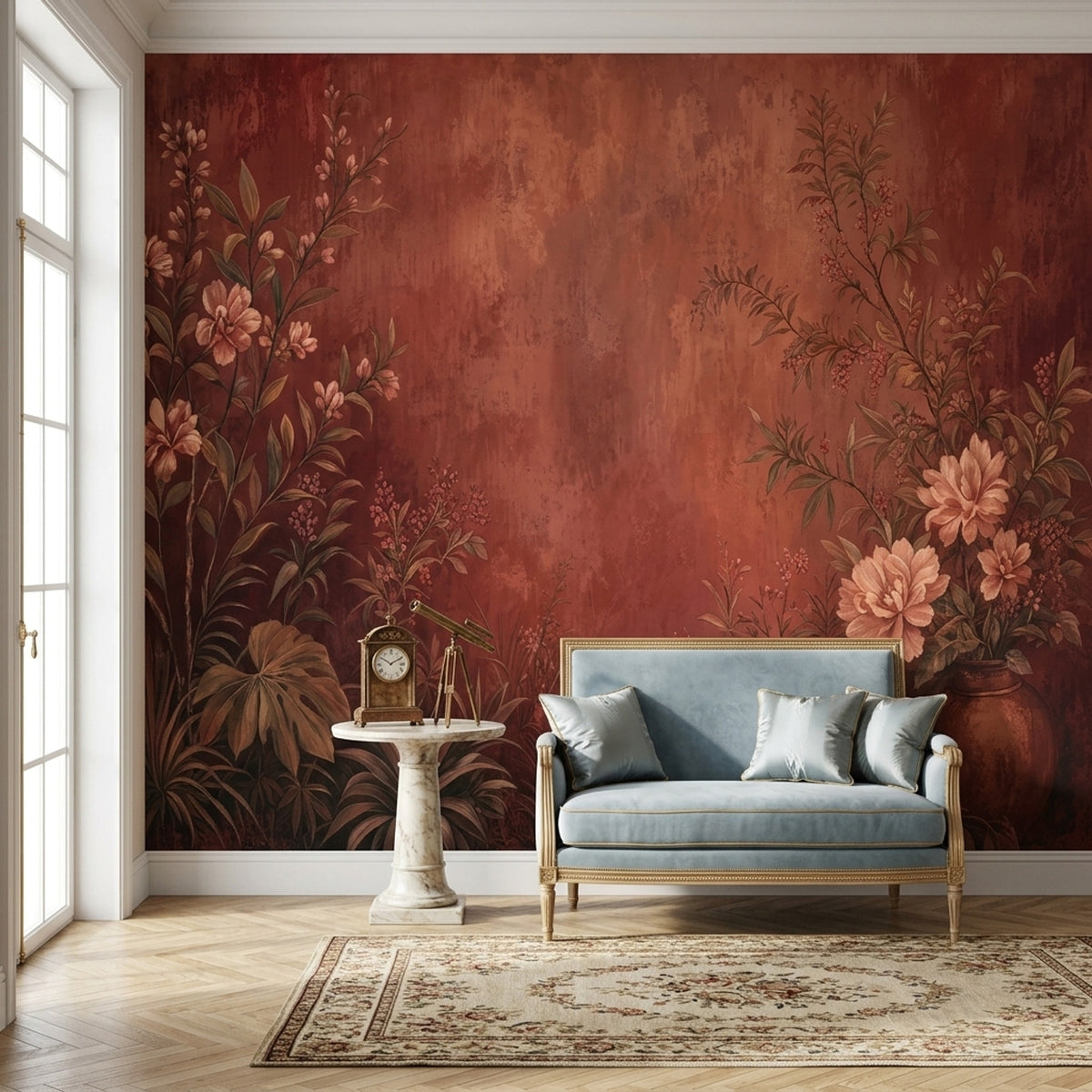 Vintage Floral Branches Wallpaper Terracotta Garden Wall Mural