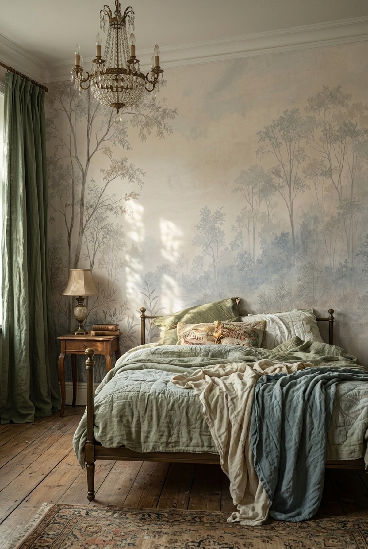 Misty Woodland Trees Wallpaper Watercolor Landscape Wall Mural