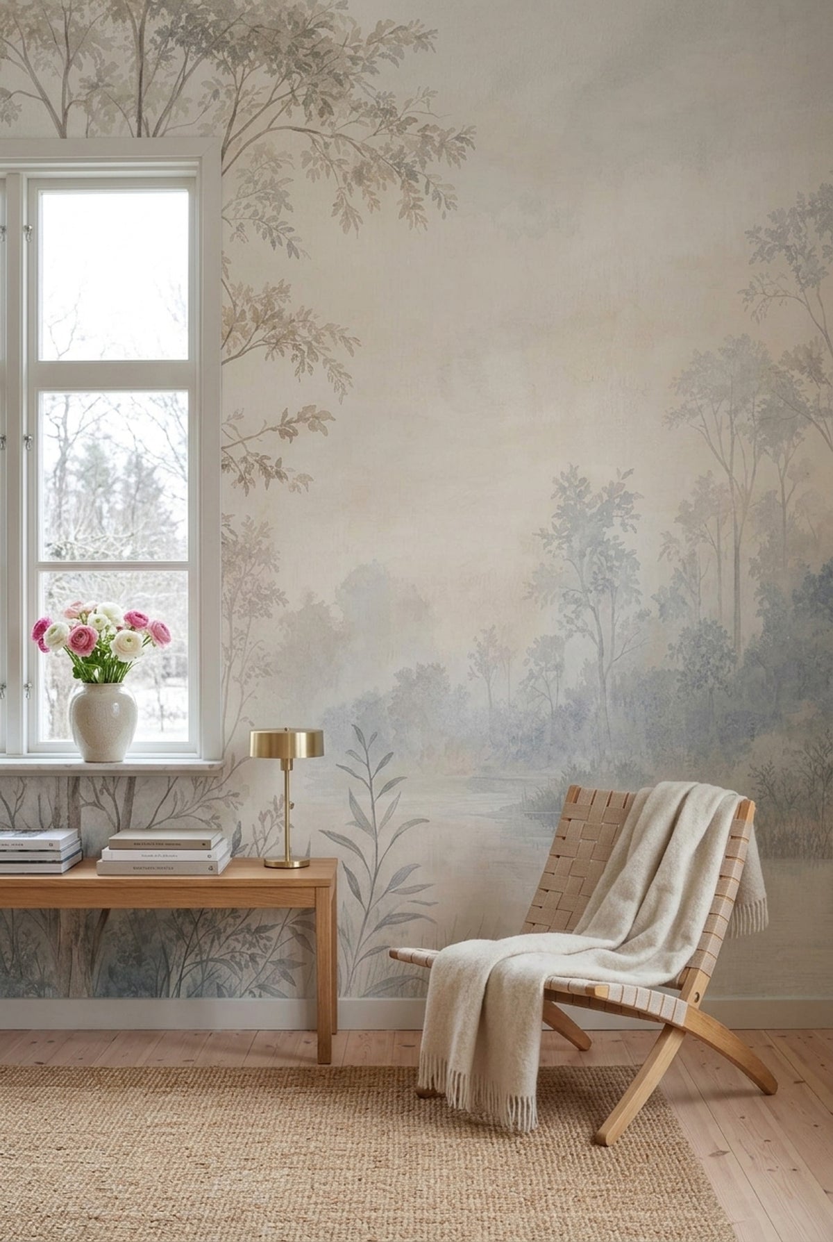 Misty Woodland Trees Wallpaper Watercolor Landscape Wall Mural