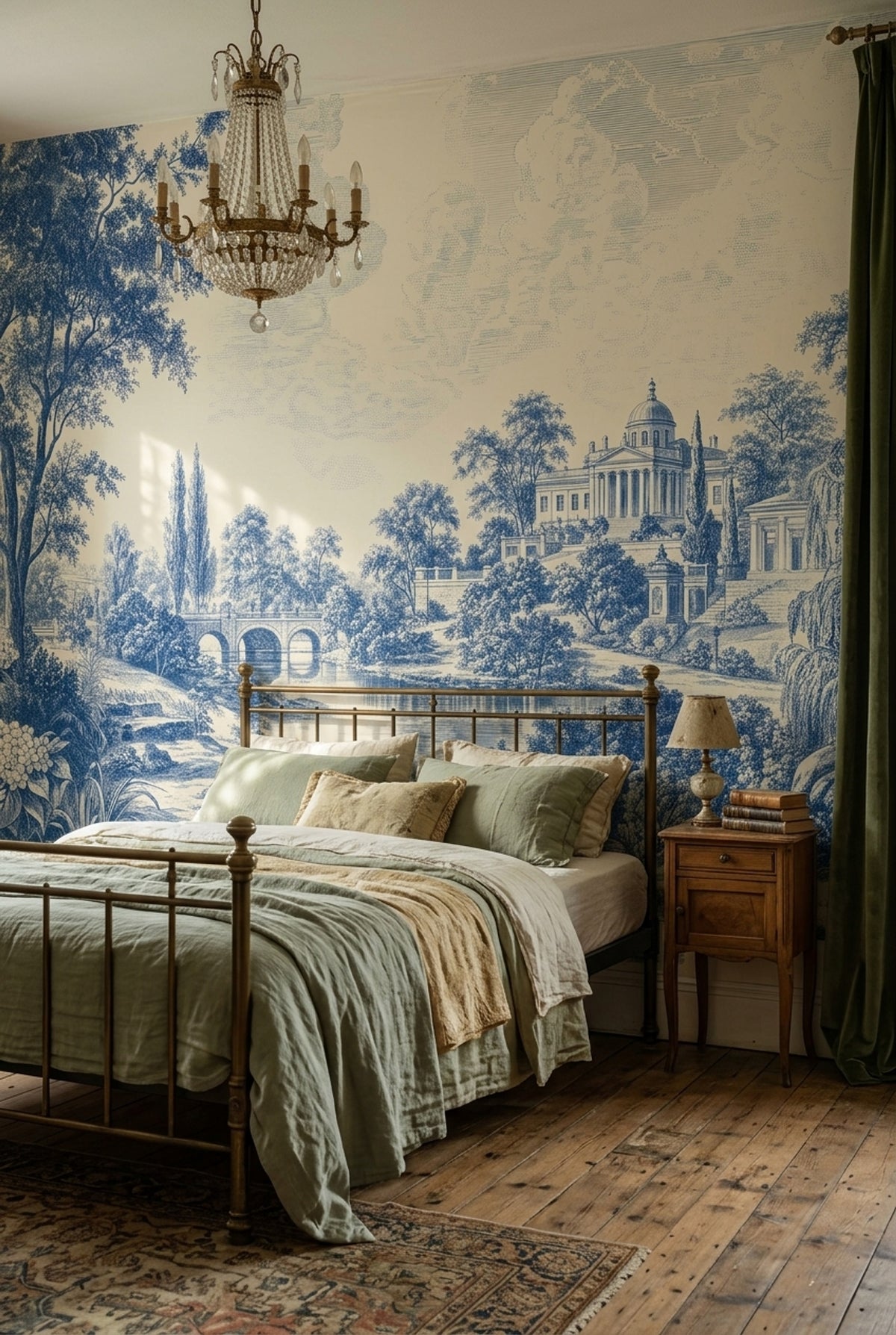 Blue Toile Garden Scene Wallpaper Vintage Engraving Wall Mural
