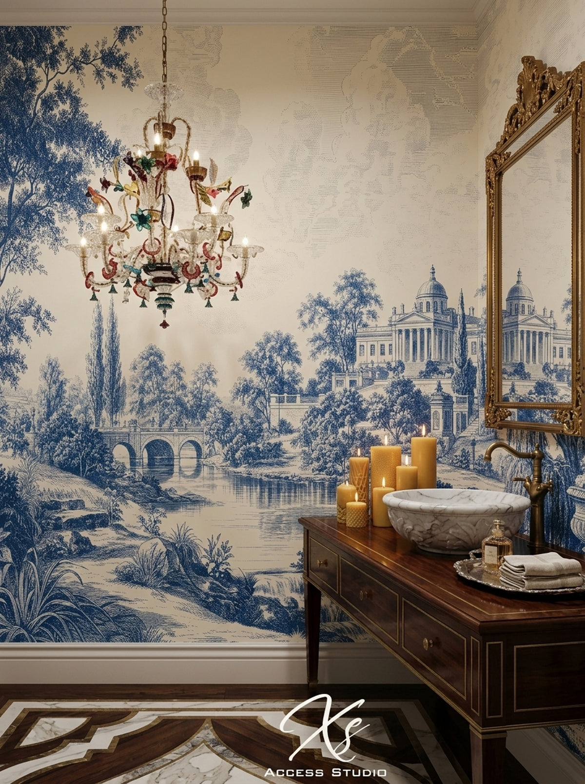 Blue Toile Garden Scene Wallpaper Vintage Engraving Wall Mural