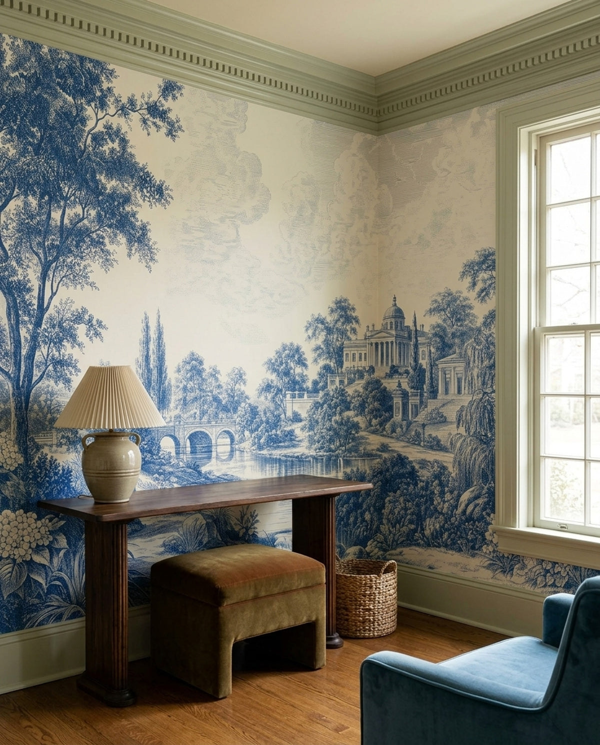 Blue Toile Garden Scene Wallpaper Vintage Engraving Wall Mural