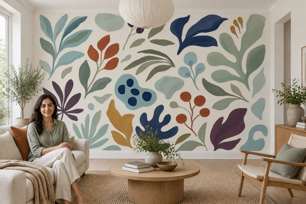 Hand Painted Botanical Leaves Wallpaper Modern Floral Wall Mural