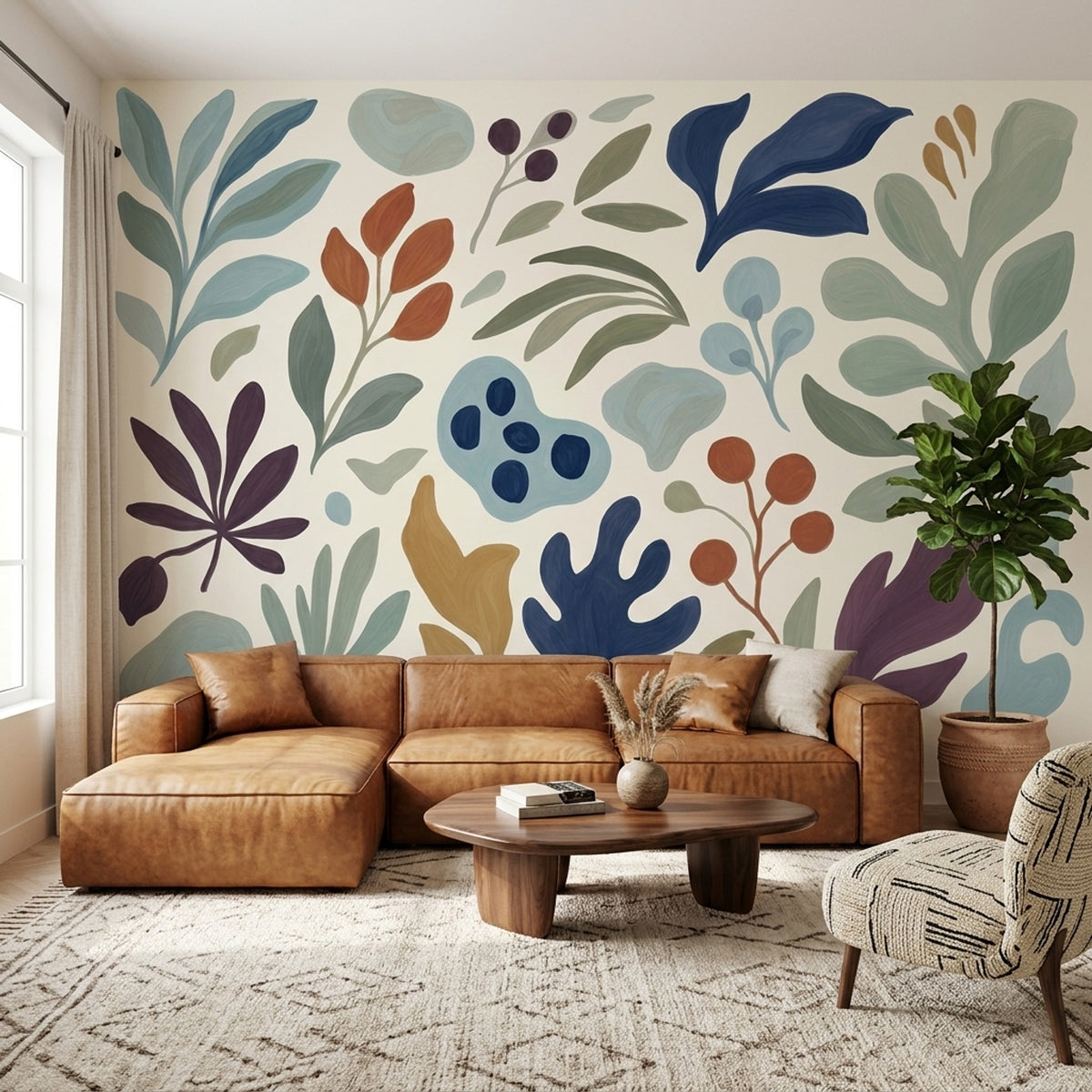 Hand Painted Botanical Leaves Wallpaper Modern Floral Wall Mural