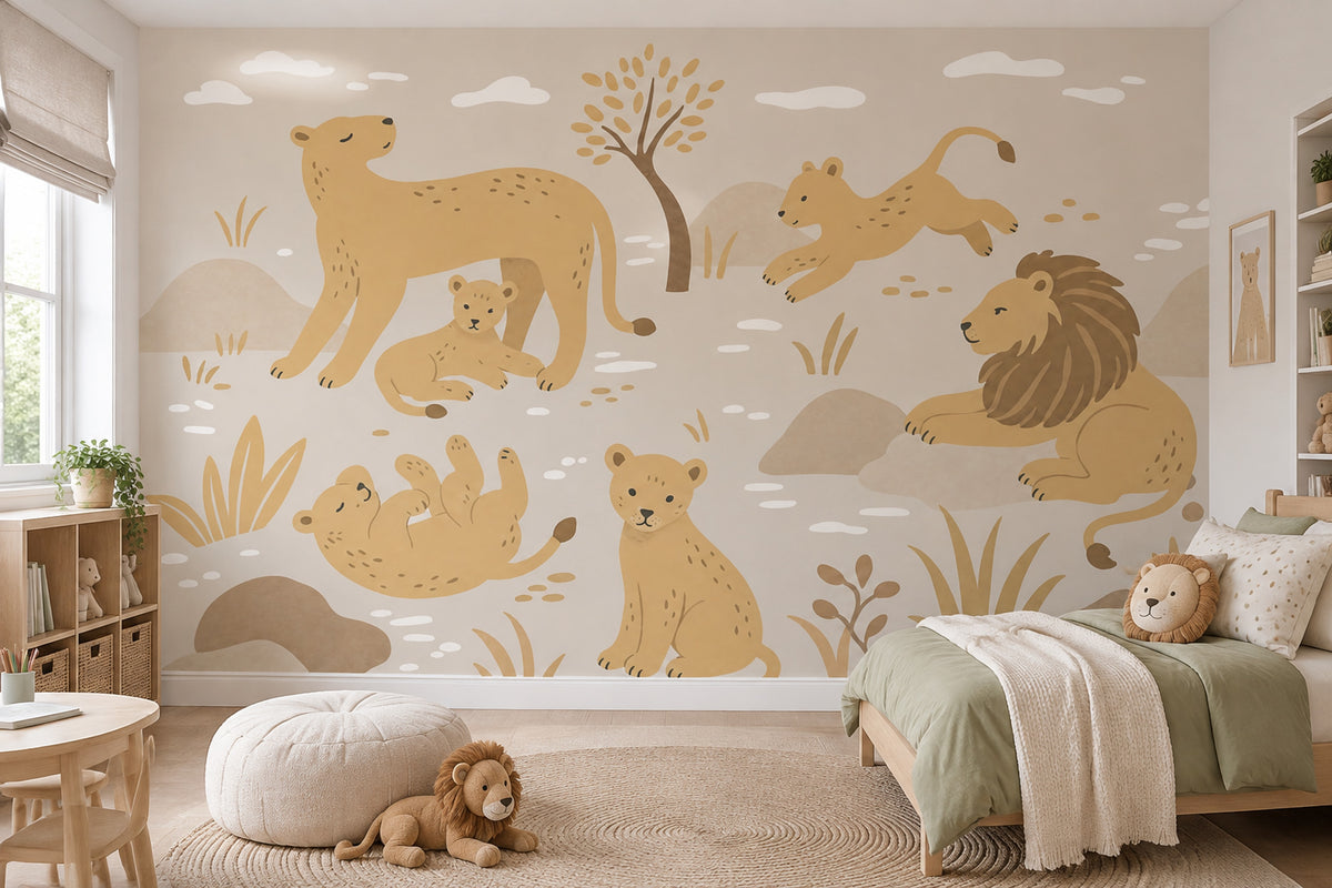 Cute Safari Lions Wallpaper Neutral Nursery Wall Mural