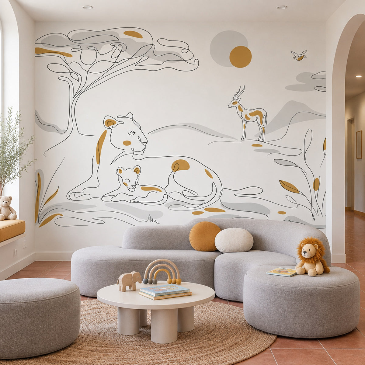 Minimal Lion Family Wallpaper White Background Wall Mural