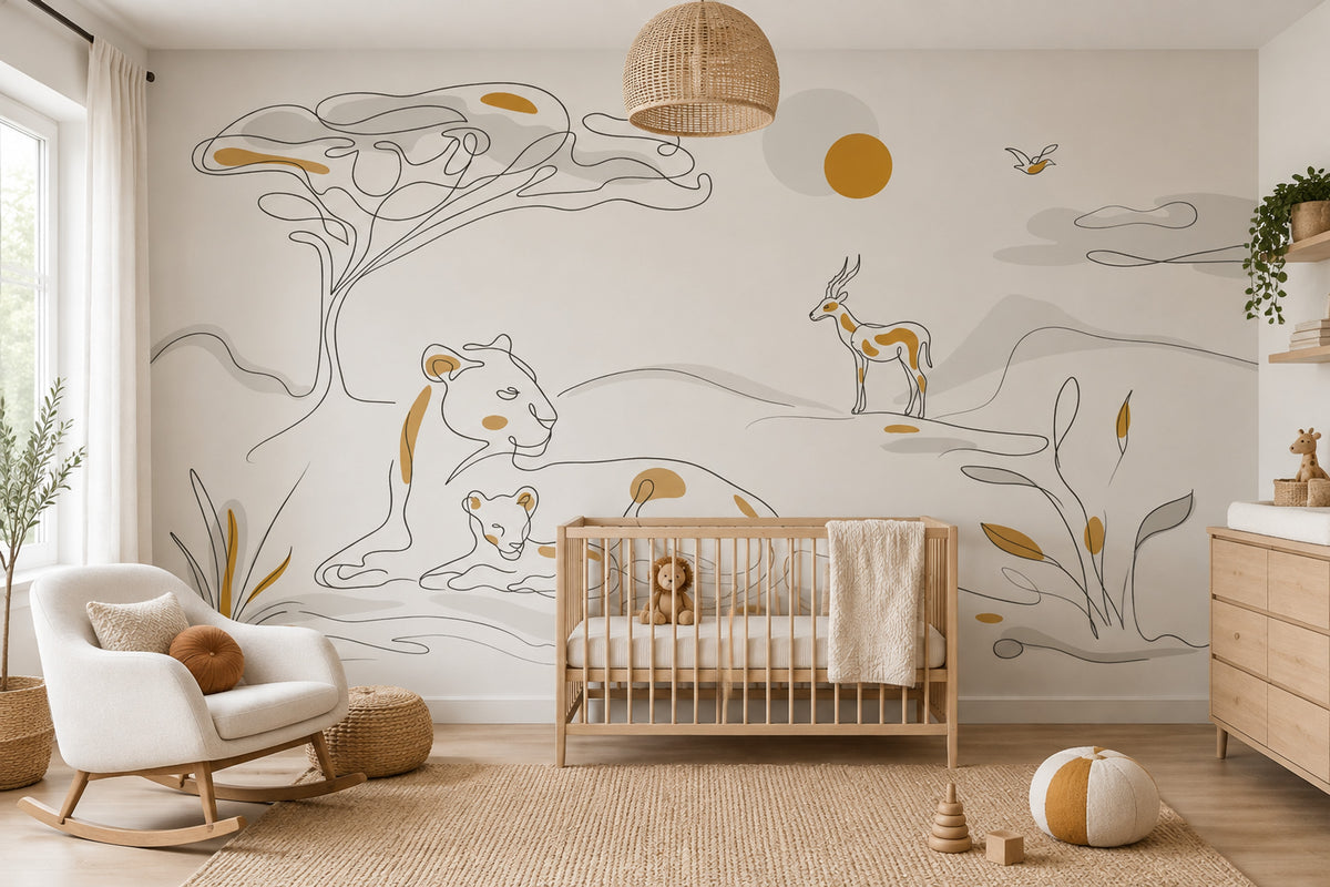 Minimal Lion Family Wallpaper White Background Wall Mural