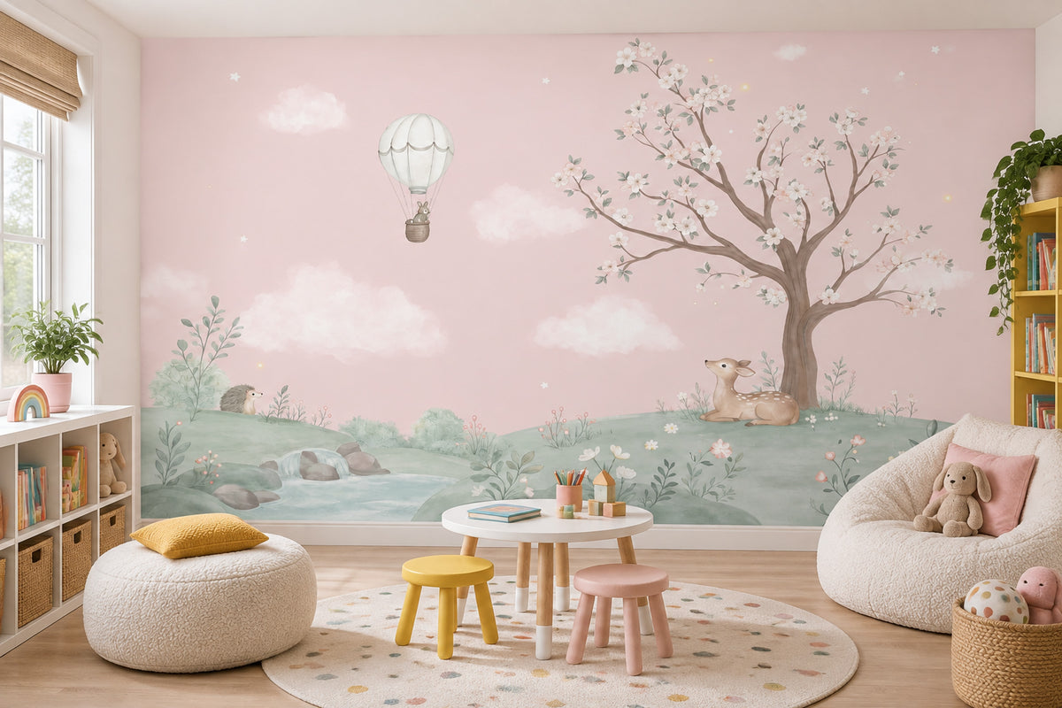 Hot Air Balloon Bunny Wallpaper Watercolor Nursery Wall Mural