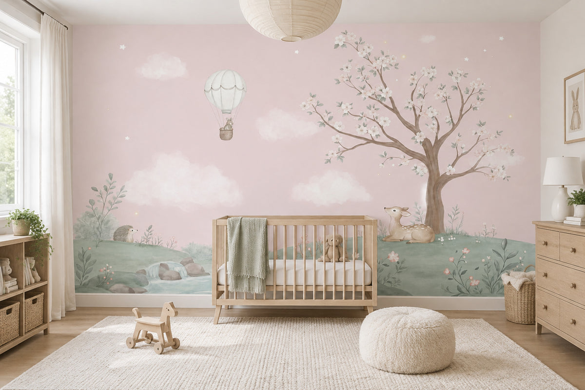 Hot Air Balloon Bunny Wallpaper Watercolor Nursery Wall Mural