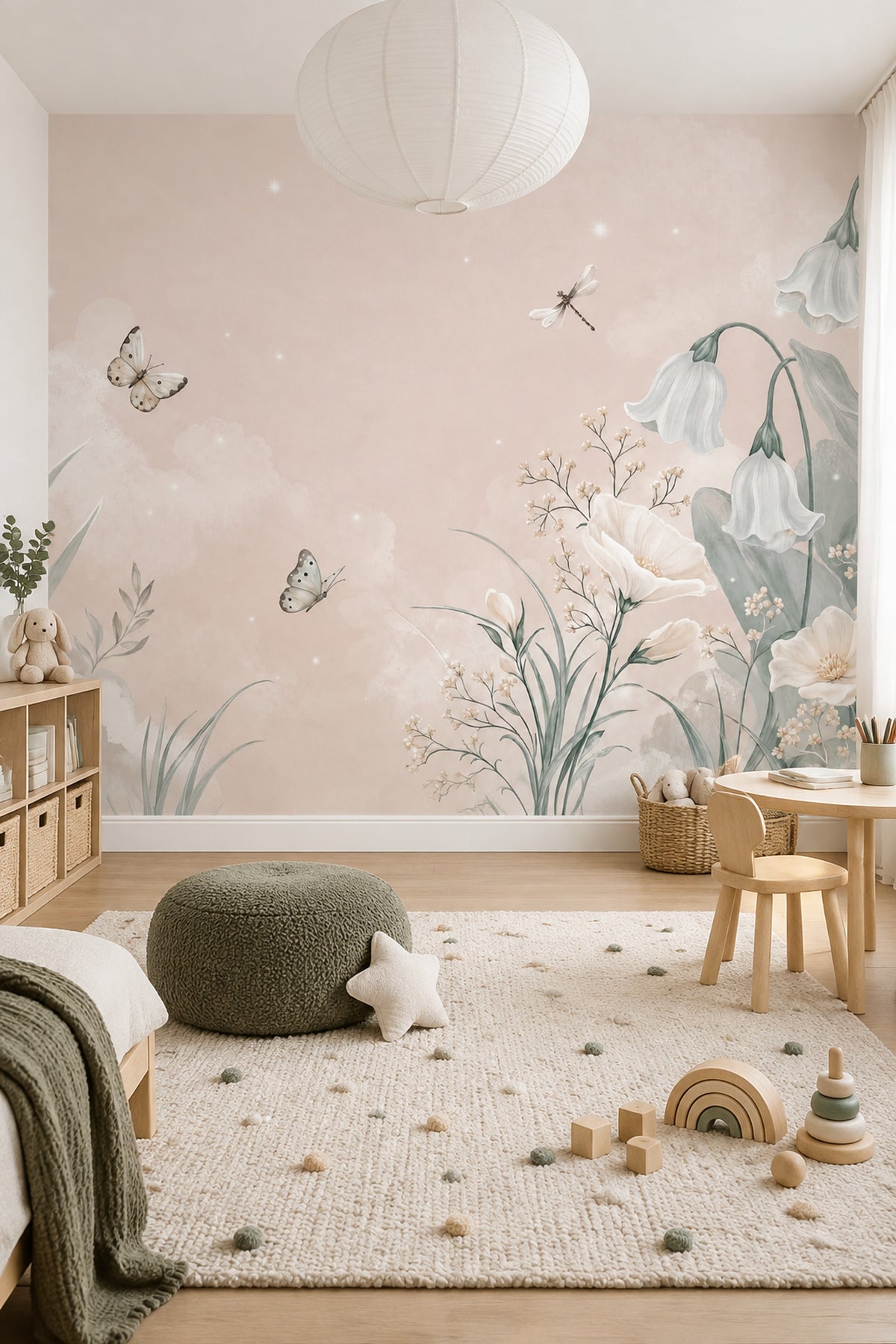 Watercolor White Bell Flowers Wallpaper Pastel Botanical Wall Mural