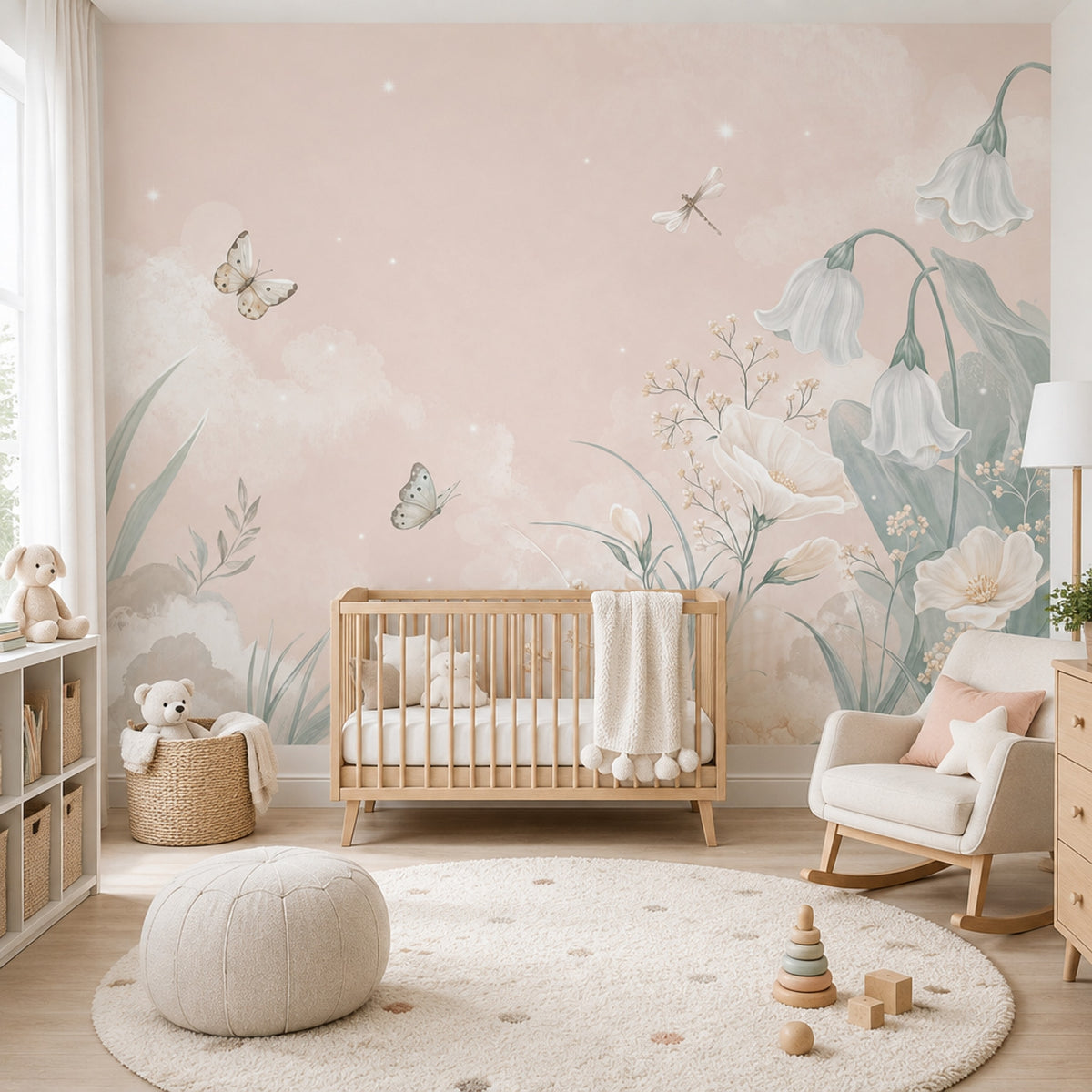 Watercolor White Bell Flowers Wallpaper Pastel Botanical Wall Mural