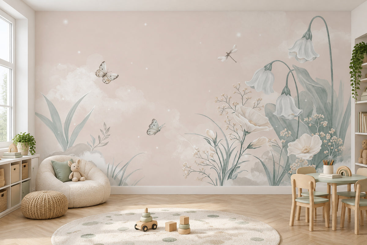 Watercolor White Bell Flowers Wallpaper Pastel Botanical Wall Mural