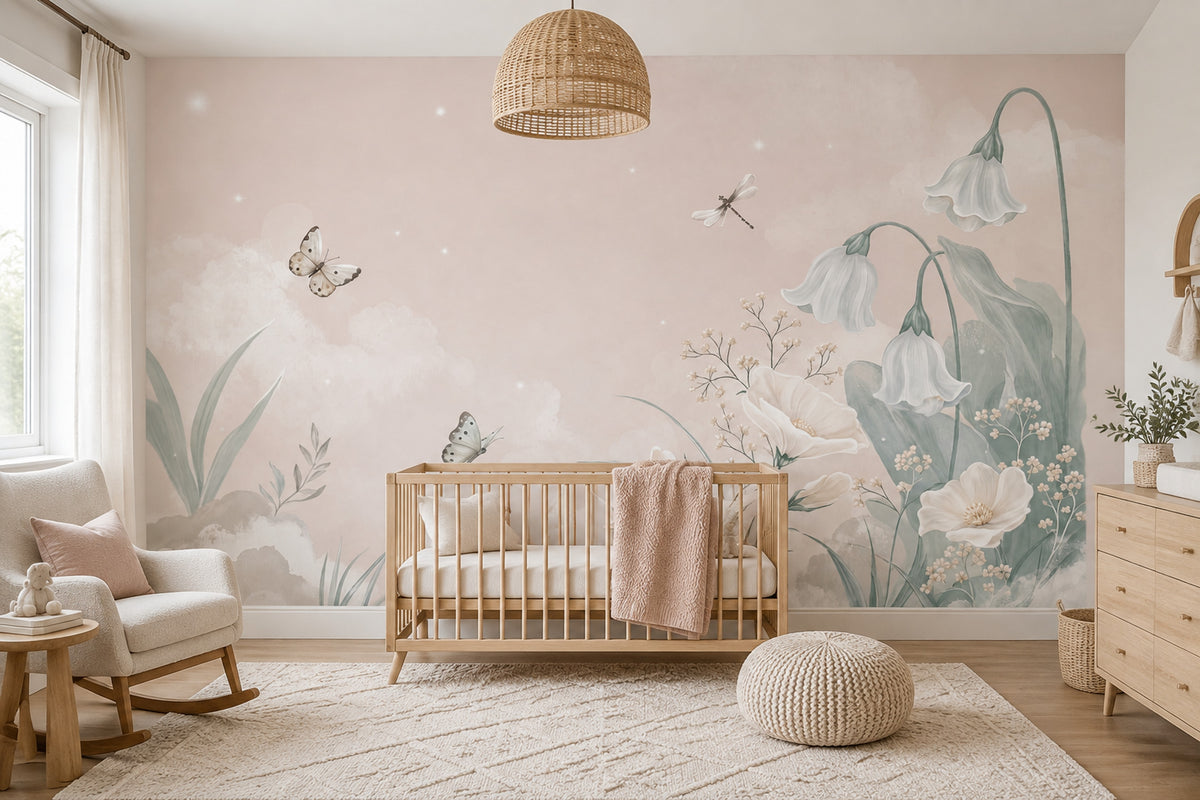 Watercolor White Bell Flowers Wallpaper Pastel Botanical Wall Mural