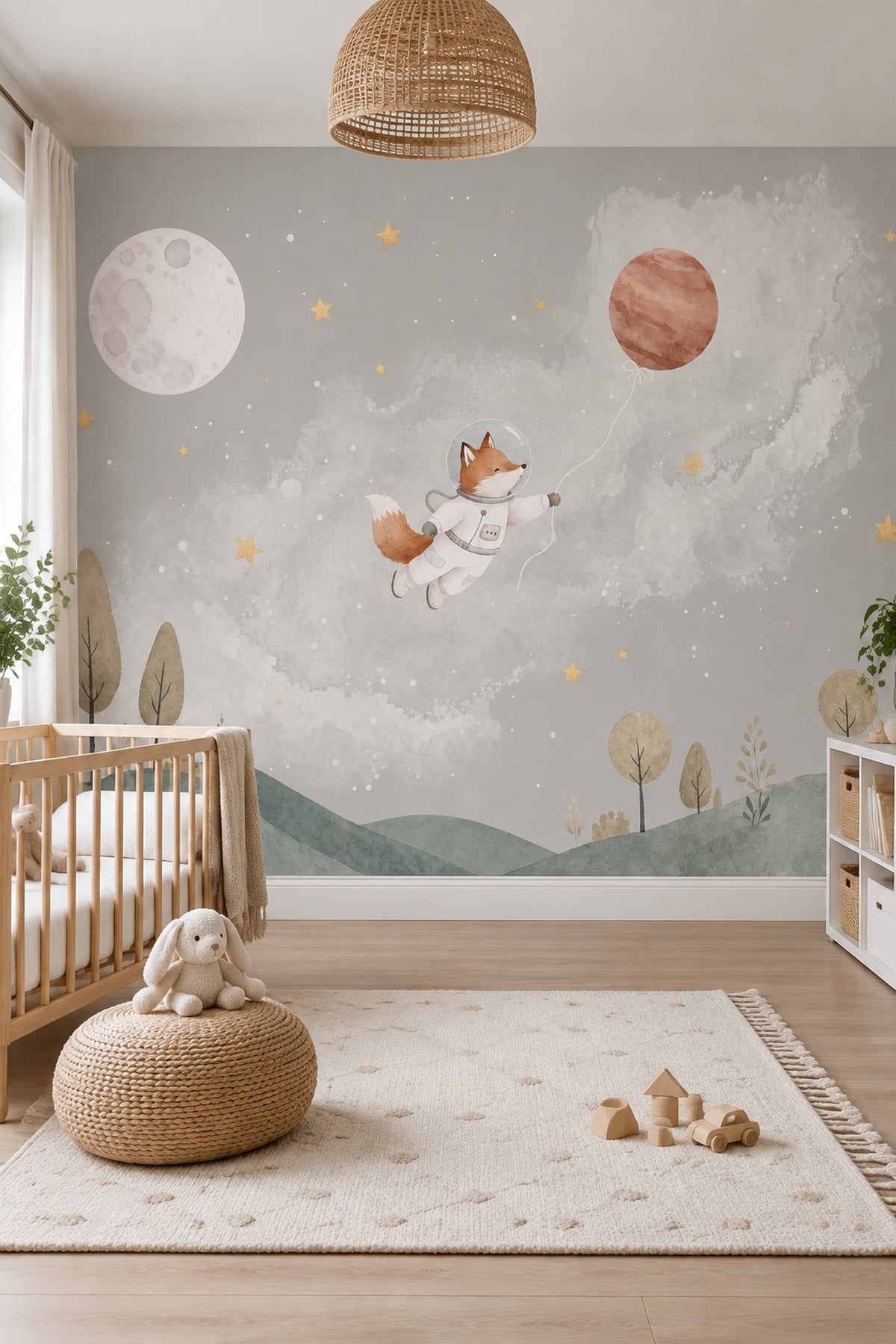 Astronaut Fox Wallpaper Muted Green Space Sky Wall Mural