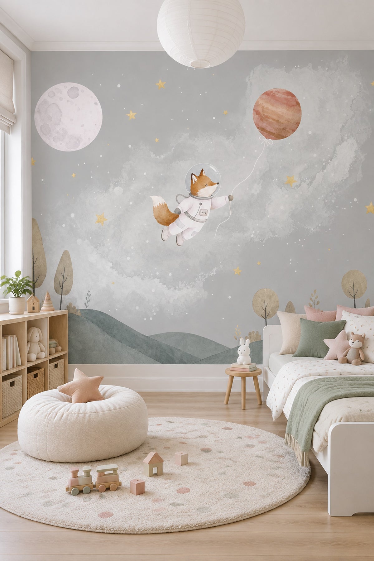 Astronaut Fox Wallpaper Muted Green Space Sky Wall Mural