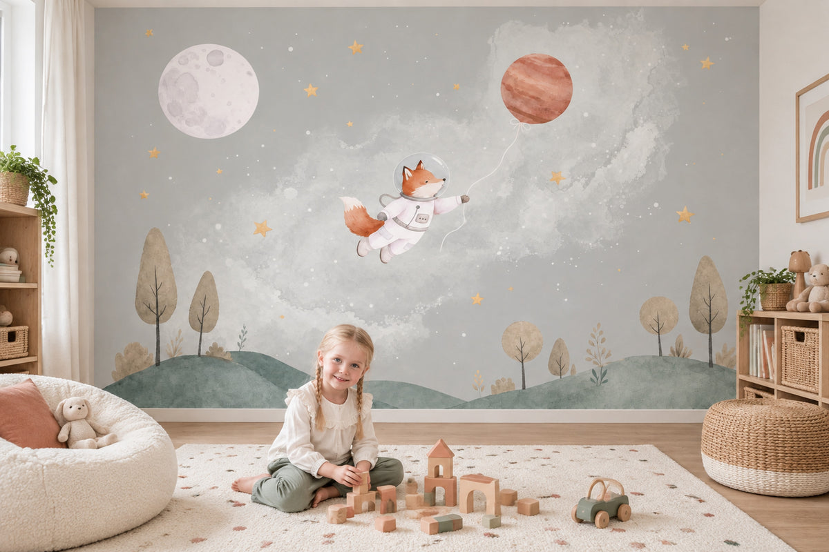 Astronaut Fox Wallpaper Muted Green Space Sky Wall Mural