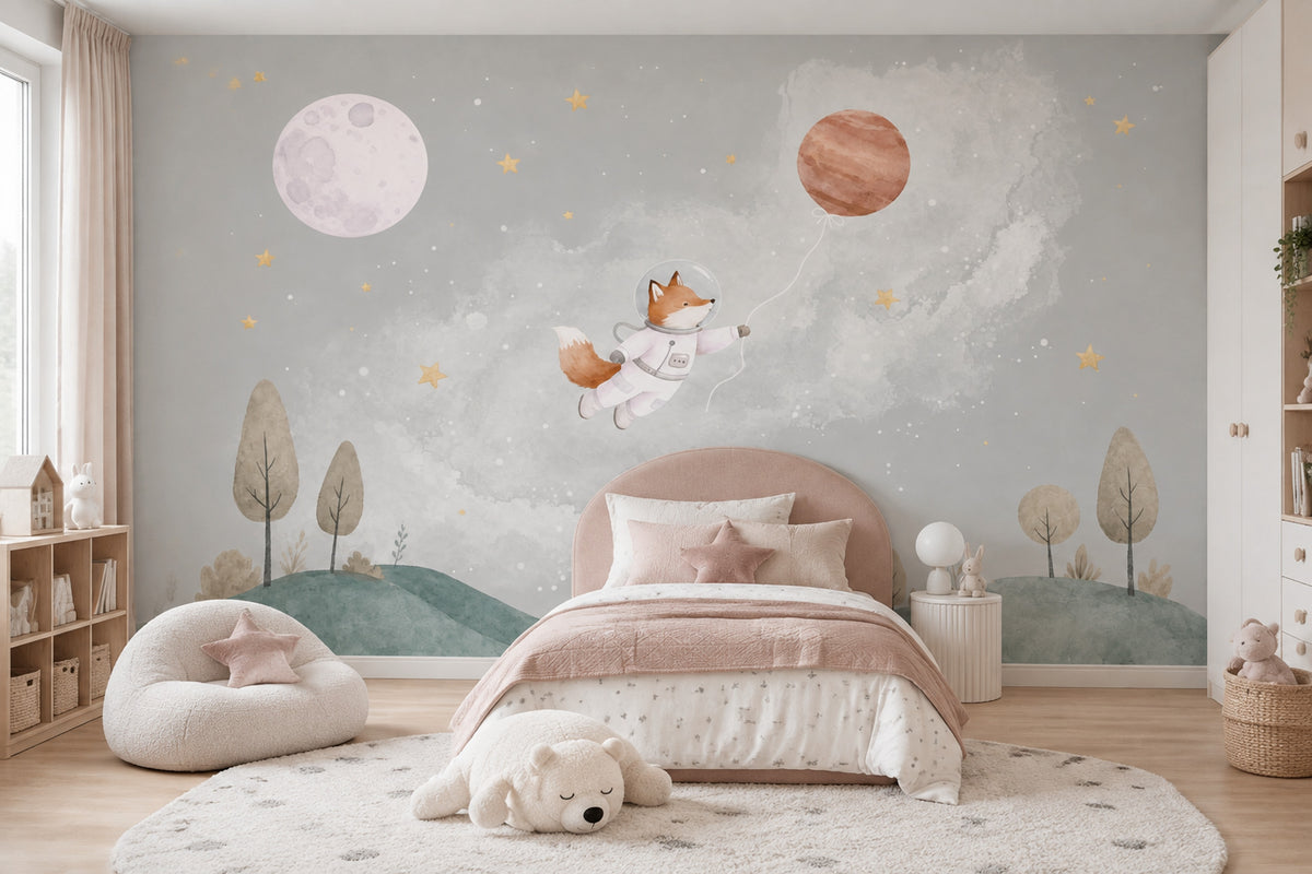Astronaut Fox Wallpaper Muted Green Space Sky Wall Mural