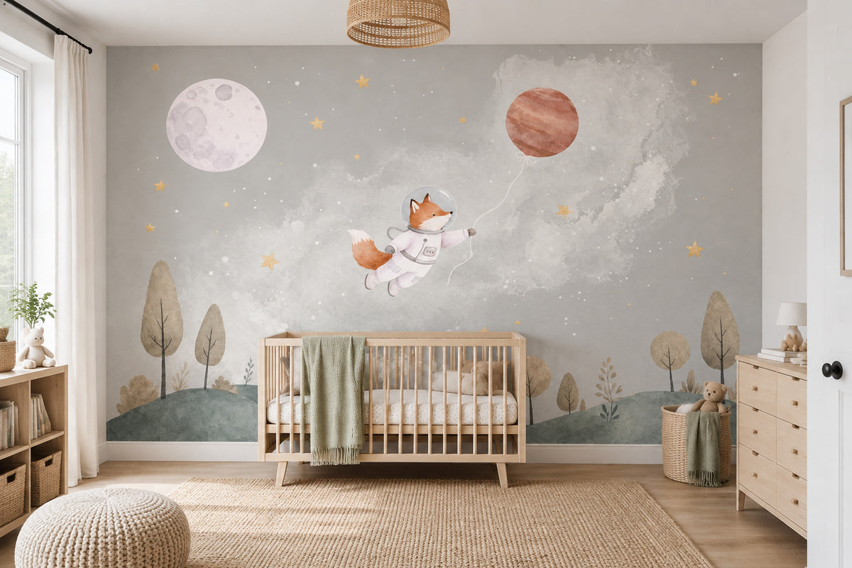 Astronaut Fox Wallpaper Muted Green Space Sky Wall Mural